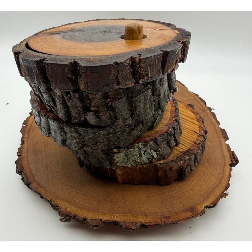 Rustic Live Edge Wood Coaster Set with Longhorn Bull Emblem and Base‎ Stand 6pc - Picture 3 of 7